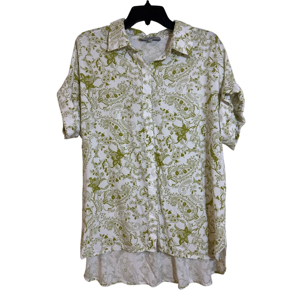 Casa Cabana XL Lime Green, White Button Up Short Rolled Sleeve Hi Low Hem Blouse